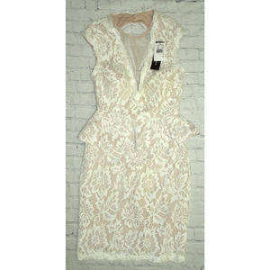 Betsy & Adam Peplum All Over Lace w/ Open Back Dress, Cream, 4 NWT